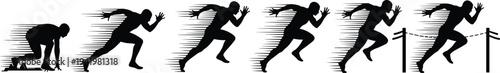 Sprinter silhouettes sequence, crouched start, acceleration, sprinting posture, finish line crossing, speed motion lines, athletic race progression, dynamic sports performance