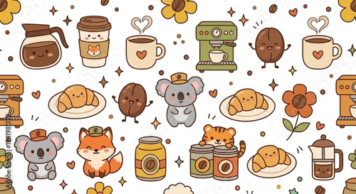 Retro Coffee Time Seamless Pattern, Cute Cafe Elements and Coffee Beans Vector, Kawaii Coffee Shop Doodle