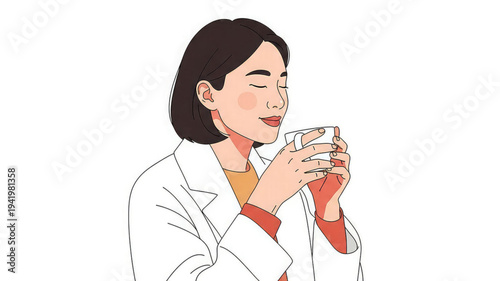 Woman in lab coat smelling coffee cup with eyes closed in simple illustration style