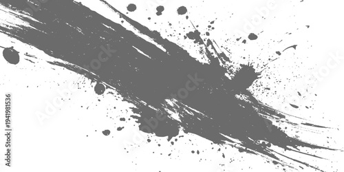 Black grunge brush stroke with paint splatter on light gray background, rough textured ink swipe, minimalist abstract design vector illustration.