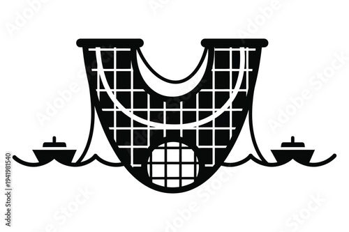 A black and white illustration of a fishing net with small boats