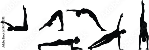 Yoga and fitness silhouettes, backbend pose, downward dog, reverse plank, forearm plank, side plank, handstand balance strength illustration