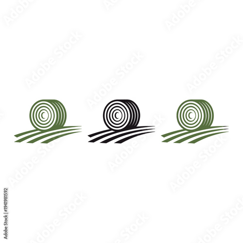 Stylized illustration of three hay bales with grass monochrome and colored variations