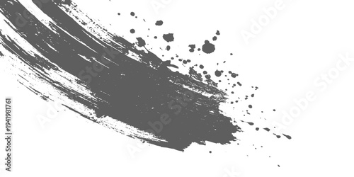 Black grunge brush stroke with paint splatter on light gray background, rough textured ink swipe, minimalist abstract design vector illustration.