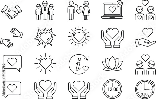 Vector outline icon set featuring love, family, romantic relationships, charity hands, glowing hearts, online dating, wellness lotus, and time concepts.