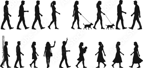 Walking and standing silhouettes, everyday human activities, people with dogs, family interaction, casual lifestyle, social behavior, motion, community, urban life illustration