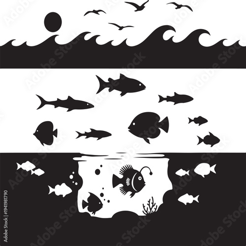 A serene ocean scene with fish silhouettes swimming in the water silhouette