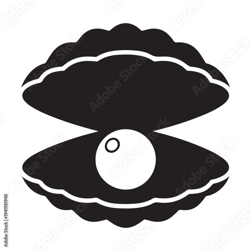 A black silhouette of an open oyster shell with a pearl inside against a white background silhouette