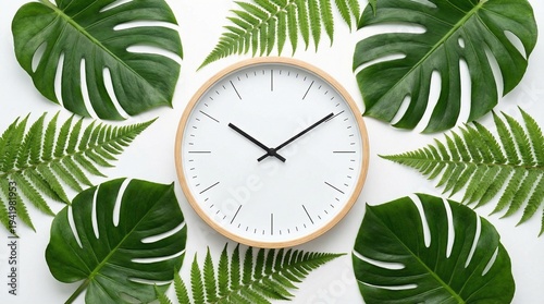 Clock surrounded by tropical leaves representing the concept of Spring Forward  