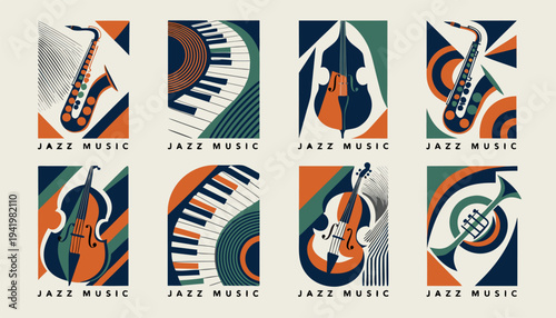Abstract jazz music posters set with stylized musical instruments and geometric shapes.eps