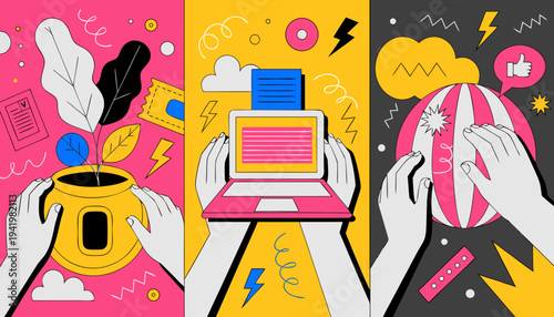 Abstract Marketing Banner Set with Laptop, Growth Plants, and Creative Symbols for Business Communication.eps