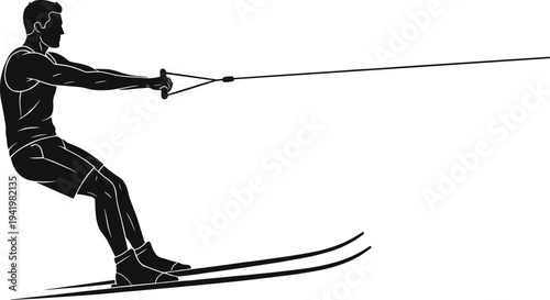 Water skiing silhouette, recreational sport, tow rope, balance on skis, aquatic activity, summer fun, extreme sport, motion, outdoor adventure illustration