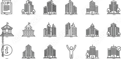 City Building and Architecture Vector Line Icons Set Featuring Skyscrapers, Office Blocks, Government Institutions, Banks, Apartments, and Urban Real Estate Development