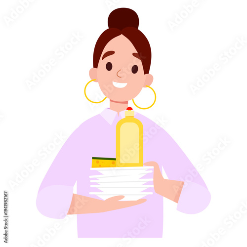 Woman Holding Clean Dishes and Dish Soap