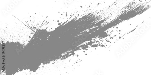 Black grunge brush stroke with paint splatter on light gray background, rough textured ink swipe, minimalist abstract design vector illustration.