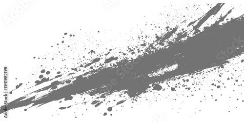 Black grunge brush stroke with paint splatter on light gray background, rough textured ink swipe, minimalist abstract design vector illustration.