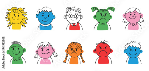Child Face Portraits Vector Set, Simple Children Characters with Happy Kids Heads and Line Hair, Cute Emotion and Feeling Expressions, Colorful Diversity School Kids Avatars for Education Design