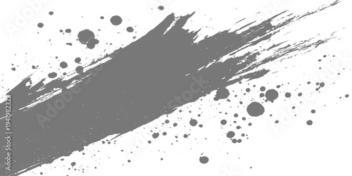 Black grunge brush stroke with paint splatter on light gray background, rough textured ink swipe, minimalist abstract design vector illustration.