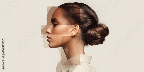 Elegant womans profile with layered geometric shapes, symbolizing identity, perception, and selfdiscovery