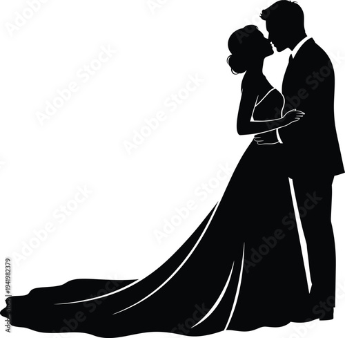 Wedding couple silhouette, romantic bride and groom, love illustration, marriage vector design, black wedding artwork, romantic kiss pose, relationship symbol, romantic art