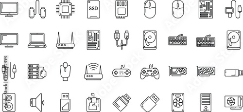 Computer Hardware and Digital Technology Vector Line Icons Set Featuring Monitor Laptop Processor SSD Mouse Keyboard Router Cables and Components