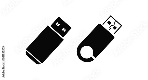 Two black usb flash drives depicted in a stark silhouette