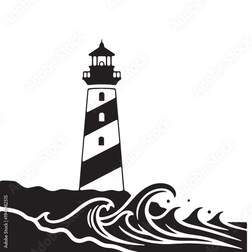 A dramatic lighthouse stands tall against crashing waves in silhouette