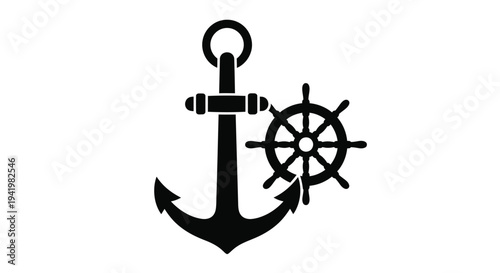 Black nautical elements of a ship s wheel and anchor silhouette