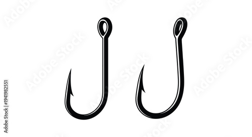 Two black fishing hooks displayed against a white background silhouette