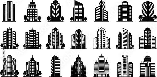 Modern city skyscraper icon set featuring office buildings, corporate headquarters, urban apartment silhouettes, real estate architecture, and metropolitan skyline tower symbols.