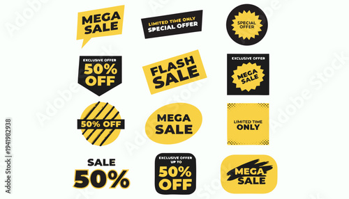 Big Set of Sale Banners and Mega Sale Badges, Promotion Labels Collection with Special Offer Symbols, Yellow and Black Geometric Discount Stickers for Marketing and Retail Advertising..eps