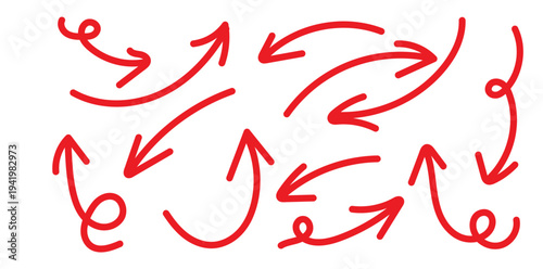 Collection of red handdrawn arrows pointing in various directions indicating movement and directionality isolated on transparent background