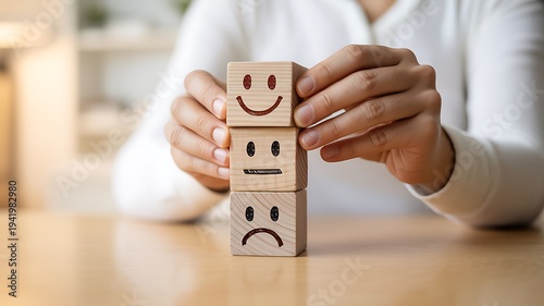 Wallpaper Mural Person selecting a happy face emoji from wooden blocks showing different moods and emotions Torontodigital.ca