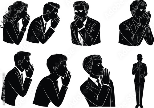 Whispering people silhouette illustration, secret communication chain, gossip rumor spread, information transmission concept vector art