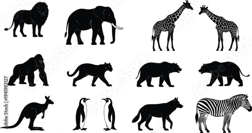 Wild animal silhouettes, African savannah, jungle wildlife, Arctic species, predator and herbivore mix, biodiversity, global nature, conservation, educational illustration