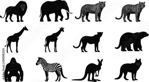 Wild animal silhouettes, African savannah, jungle wildlife, predator and herbivore mix, global species diversity, educational nature, 