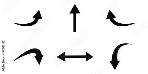 Collection of six diverse black arrows pointing in various directions including straight up and down curved left and right and two horizontal arrows indicating opposition