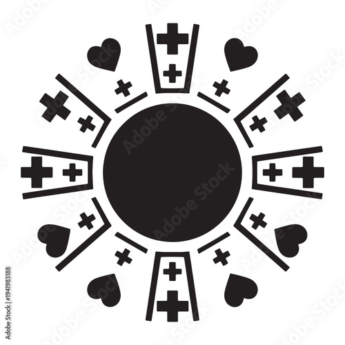 A black and white graphic design featuring a circular symbol with hearts and crosses silhouette