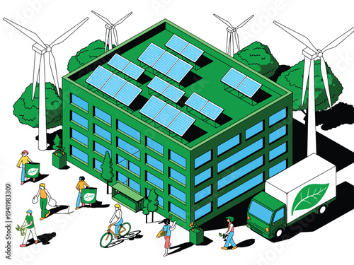 Isometric view shows workers loading eco-friendly packages onto a truck near a green building.