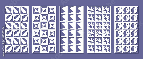Decorative rectangular laser cut panels with geometric ornamental patterns. Vector templates for CNC cutting, wood carving, metal screens, partitions, wall panels and modern interior decor.