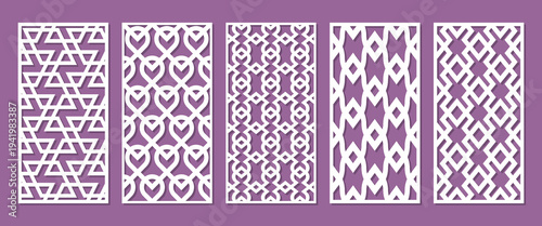 Set of decorative rectangular laser cut panels with ornamental lattice patterns. Vector templates for CNC cutting, wood carving, decorative screens, partitions, wall panels and interior design.