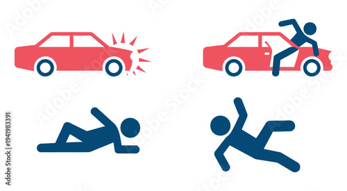 Graphic depicting a car crash and pedestrian impact, road accident safety concept illustration in flat vector style, symbolizing vehicle collision and pedestrian hazard for traffic awareness campaigns