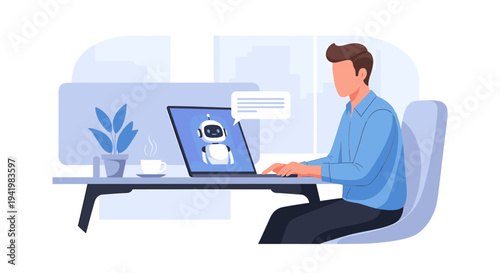 Man interacting with an AI chatbot on a laptop, illustrating artificial intelligence and digital communication.