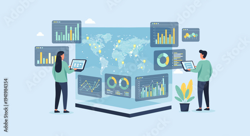 Two people analyzing global business data and financial statistics on multiple interactive screens and dashboards, illustrating data visualization and analytics.