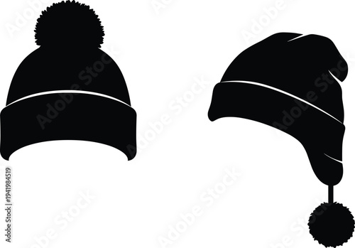 Winter hat silhouette illustration, cozy pom‑pom beanie design, seasonal fashion vector, festive holiday headwear artwork, cold weather icon