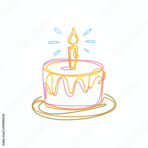 A delicious chocolate birthday cake with pink cream icing and a burning candle flame sits ready for a happy holiday celebration anniversary party illustration