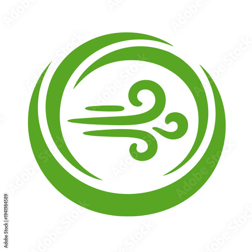 Green wind swirl within a circular frame. Clean flat vector icon for airflow, breeze, weather, freshness, ventilation, movement, renewable energy, and natural balance.