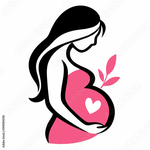 A pregnant woman holds her rounded belly marked by a white heart and pink leaves. Modern maternity vector symbol for prenatal care, motherhood wellness, fertility, love and family growth.