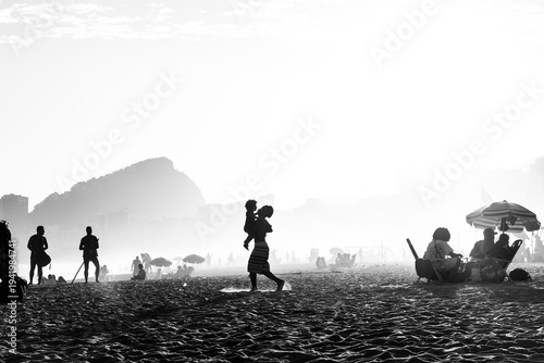 Black and white beach scene in Rio de Janeiro