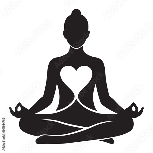 A serene woman in a meditative yoga pose with a heart-shaped cutout in her silhouette
